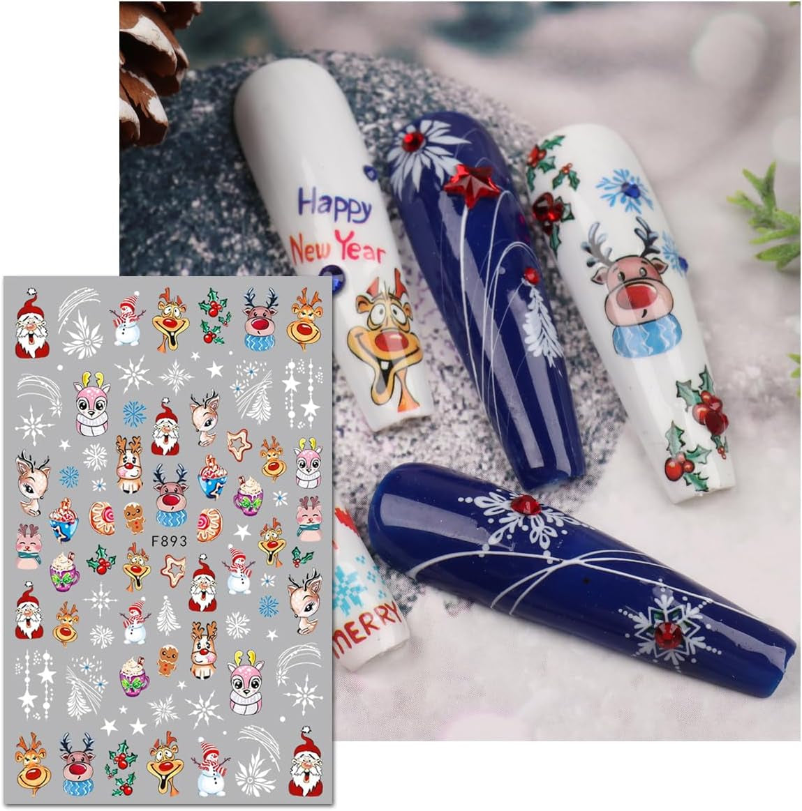 JMEOWIO Nagelsticker Weihnachten 10 Blatt Nail Art Sticker Selbstklebend Nagelaufkleber Schneeflocke Winter Urlaub Süß Decoratie Nageldesign Zubehör