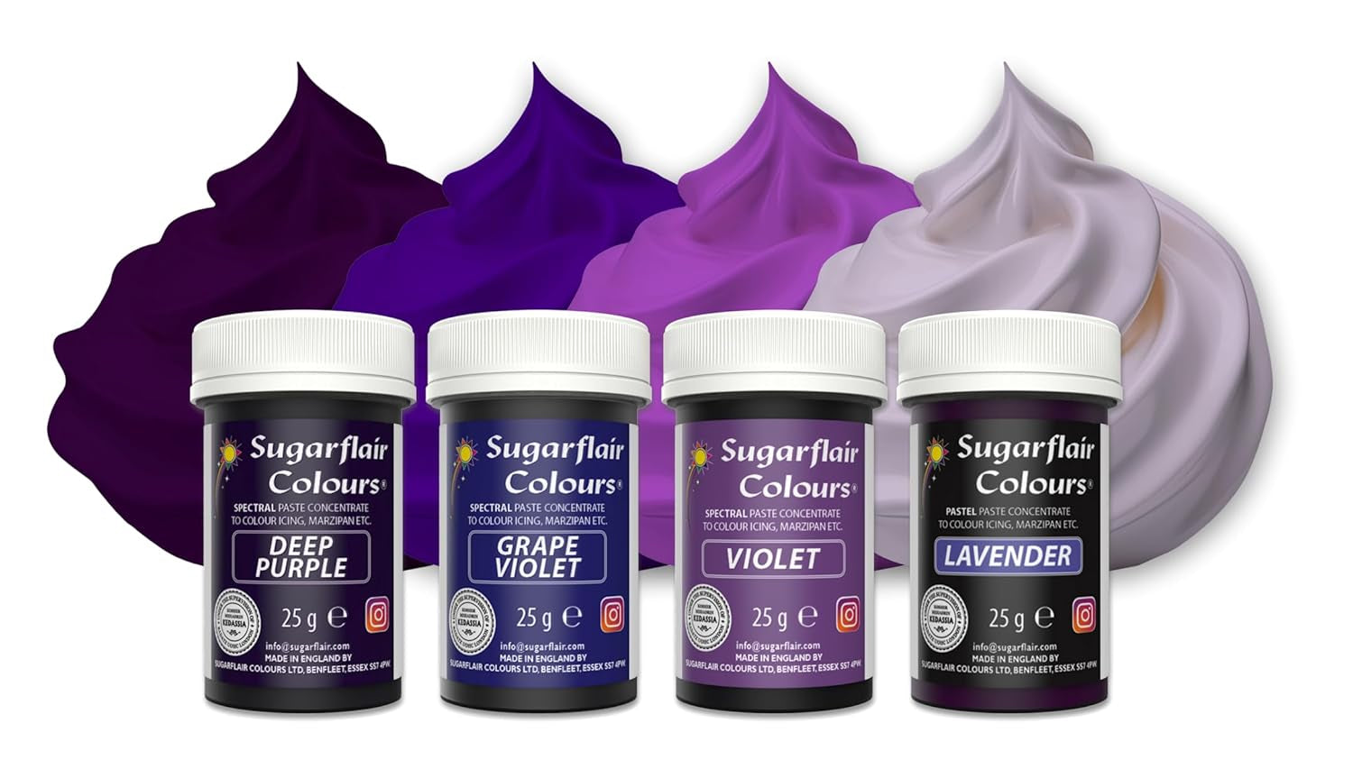 Sugarflair Pasta Kleurstof Paars Set van 4 Pasta Kleurstof Fondant Marsepein Suikerpasta Botercrème en meer: ​​Paars, Lavendel, Druifpaars, Dieppaars - Set van 4