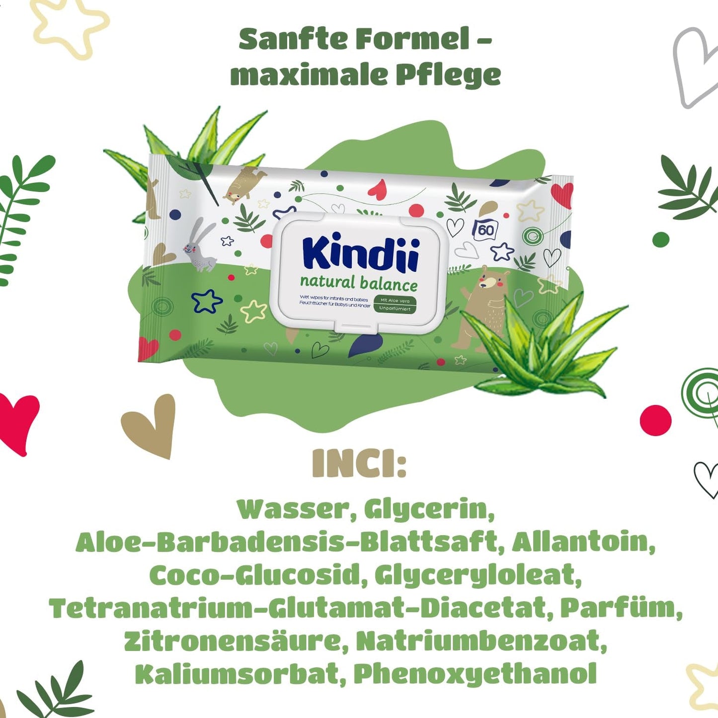 Kindii Natural Balance vochtige doekjes voor baby's – (1 x 60 st.) Vochtige doekjes voor baby's en kinderen – Beschermend, Aloë Vera, delicate geur – 60 st.
