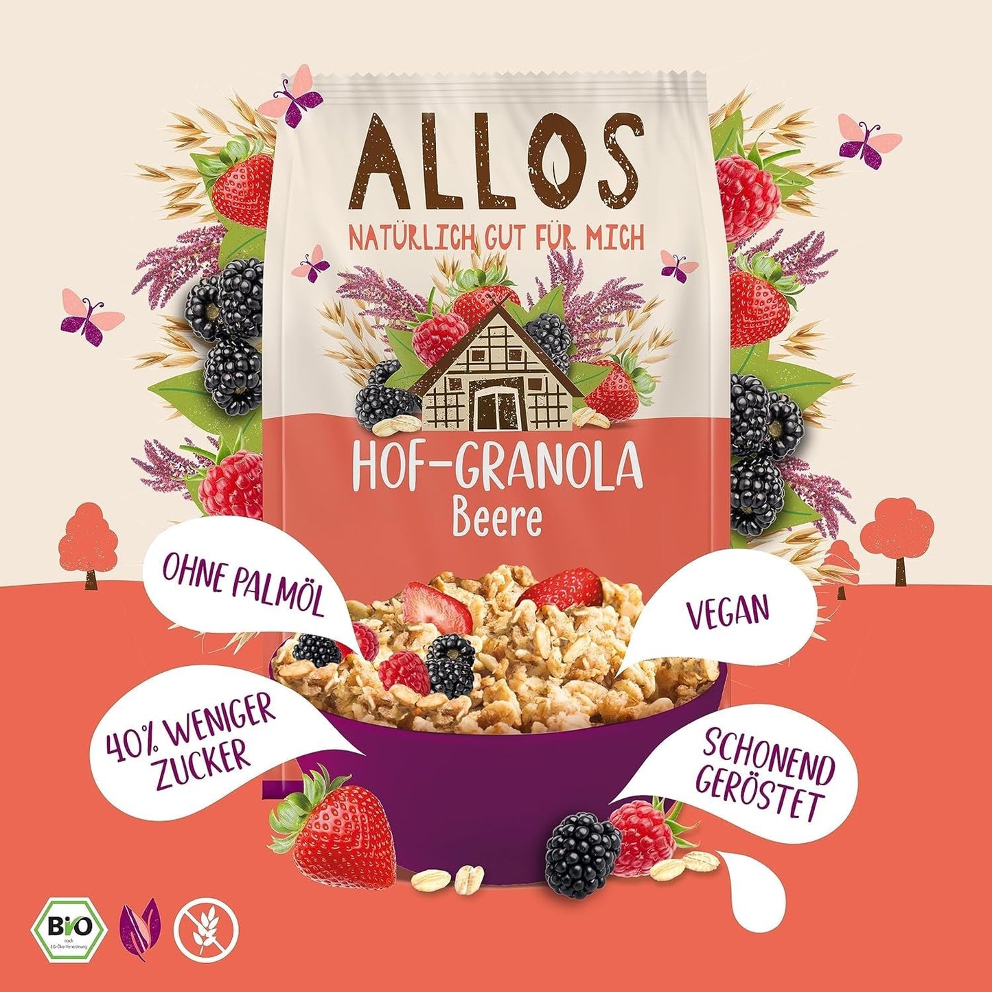 Allos Hof Granola met bessen | Biologische Muesli | Muesli met bessen | Krokante Muesli | Ontbijtgranen | Verpakking van 6 (6 x 300 g), 1 stuk (verpakking van 6)