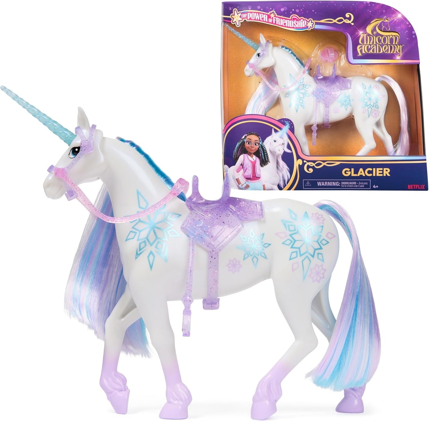 Unicorn Academy Unicorn Glacier - 28 cm hoog, Layla's originele Netflix-eenhoorn met echte manen en staart, afneembaar hoofdstel, zadel en borstel, voor kinderen vanaf 4 jaar