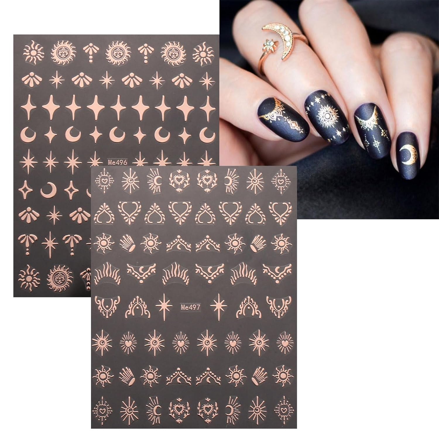 JMEOWIO Nagelsticker Mond Stern 10 Blatt Nail Art Sticker Selbstklebend Nagelaufkleber Roségold Decoratie Nageldesign Zubehör