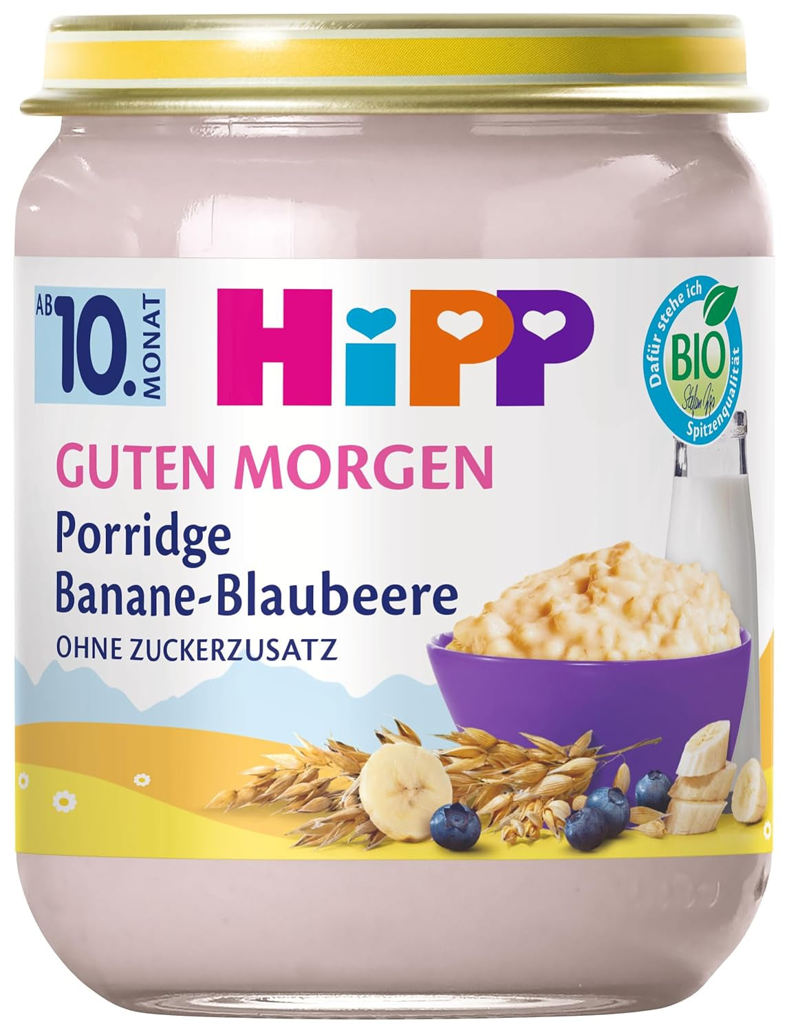 HiPP Good Morning biologische havermout met bananen en bosbessen (6 x 160g), vanaf 10 maanden, zonder toegevoegde suiker, lekker warm en koud, beste biologische kwaliteit