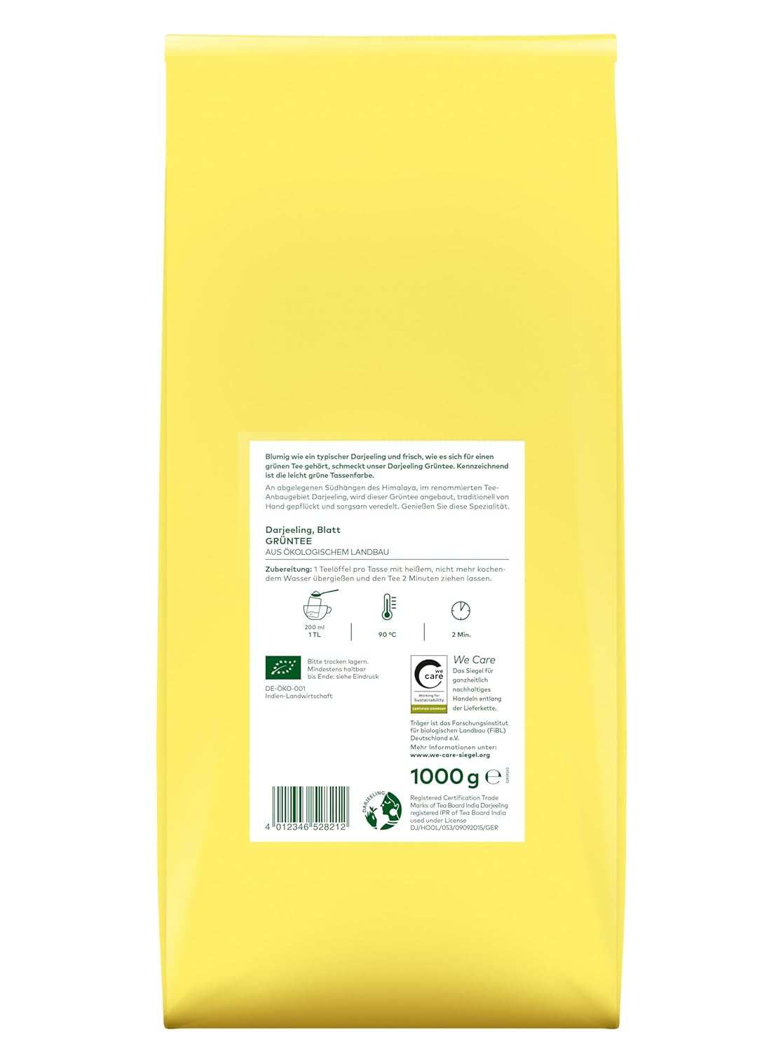 Lebensbaum Darjeeling groene thee met hele bladeren, biologische thee, groene thee met frisse bloemensmaak, lichtgroene kleur, 1000 g