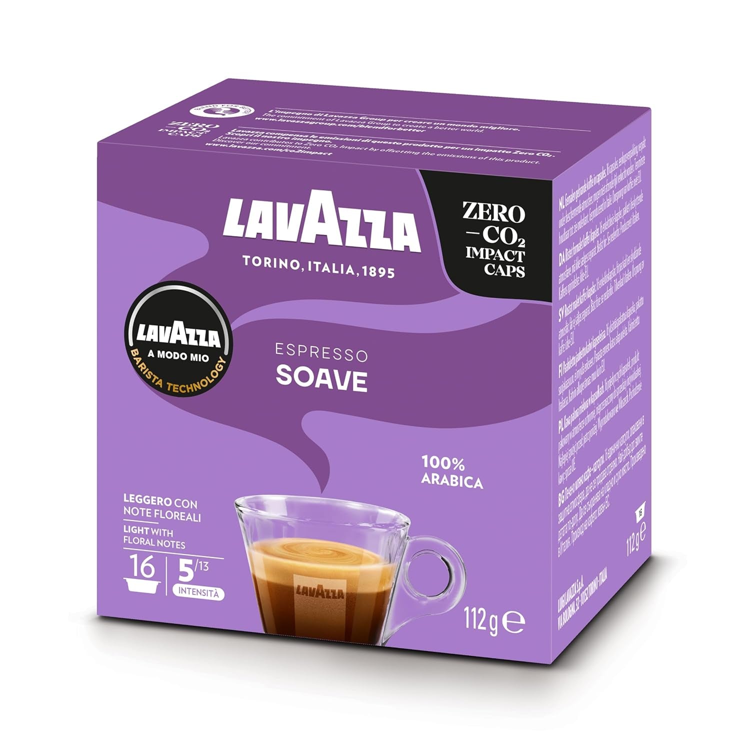 Lavazza, A Modo Mio Soave 256 Kaffeekapseln, voor een lichte en elegante espresso met aromatische noten van Blumen, 100% Arabica, Intensiteit 5/13, medium Röstung, 16 Packungen met je 16