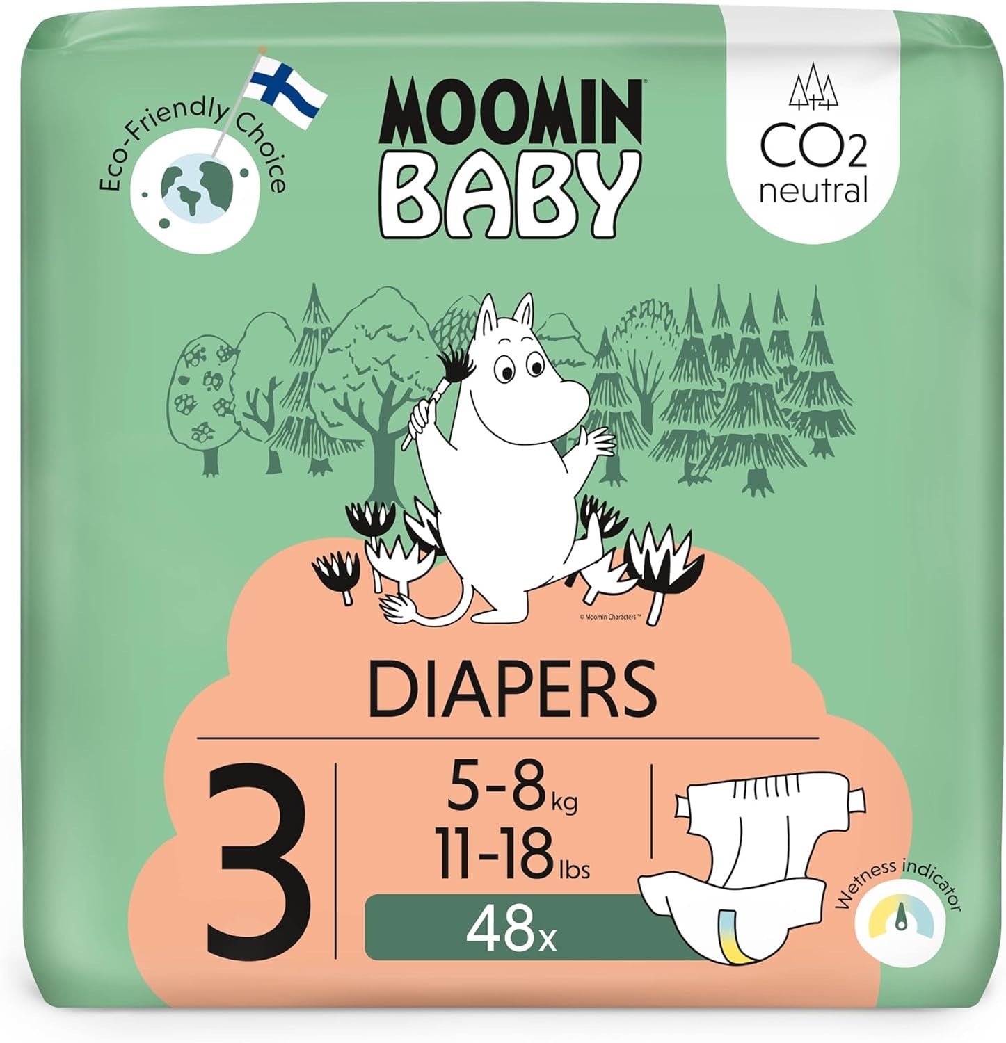 Moomin Baby Eco-luiers, maat 3, 5-8 kg, 48 stuks, premium zachte luiers | Zacht en huidvriendelijk, ademend, absorberend, geen onnodige chemicaliën |