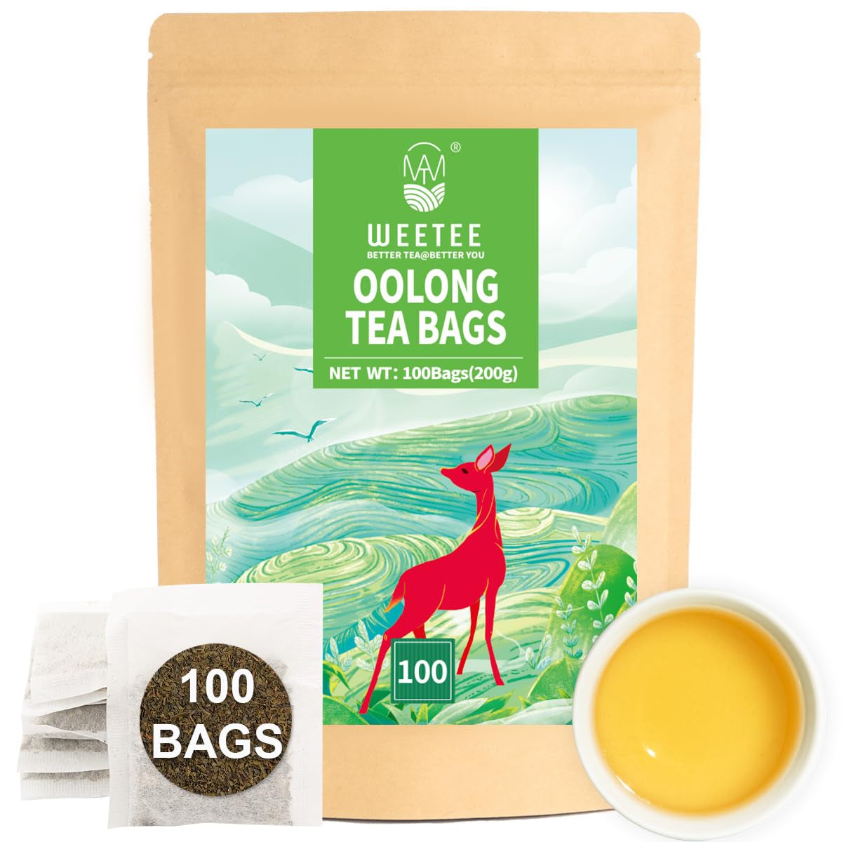 WEETEE Groene Theezakjes, 100 Stuks Groene Theezakjes, Pure Groene Thee, Super Antioxidant | Hersluitbare zakjes | Warme of koude bereiding