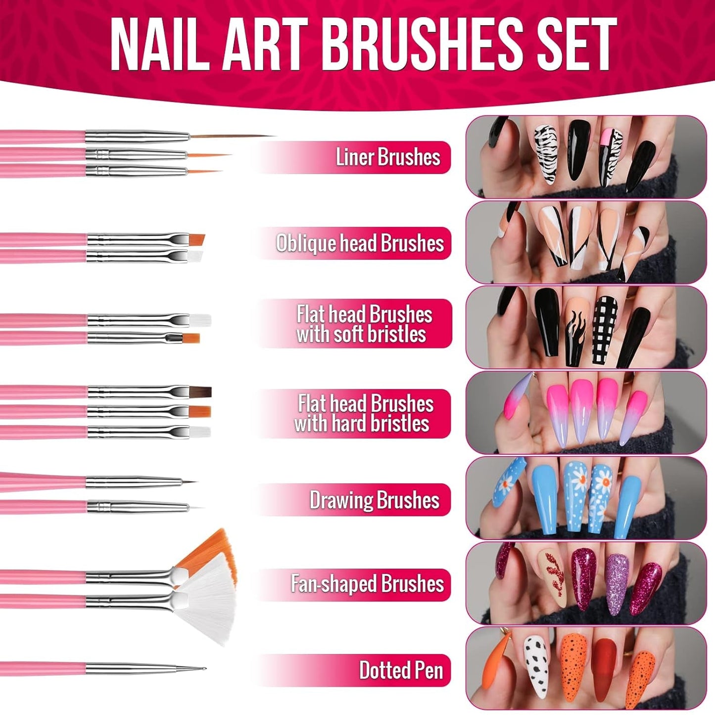 FANDAMEI Nail Art Brush Set, 15 Stücke Pinsel Für Gelnägel Nagel Pinsel, 5 Stücke Dotted Pen, 10 Rolle Streifenband Nägel, Strasssteine ​​​​Nägel, Ultra Dünn Nagel Pailetten voor Nagelkunst Maniküre Set