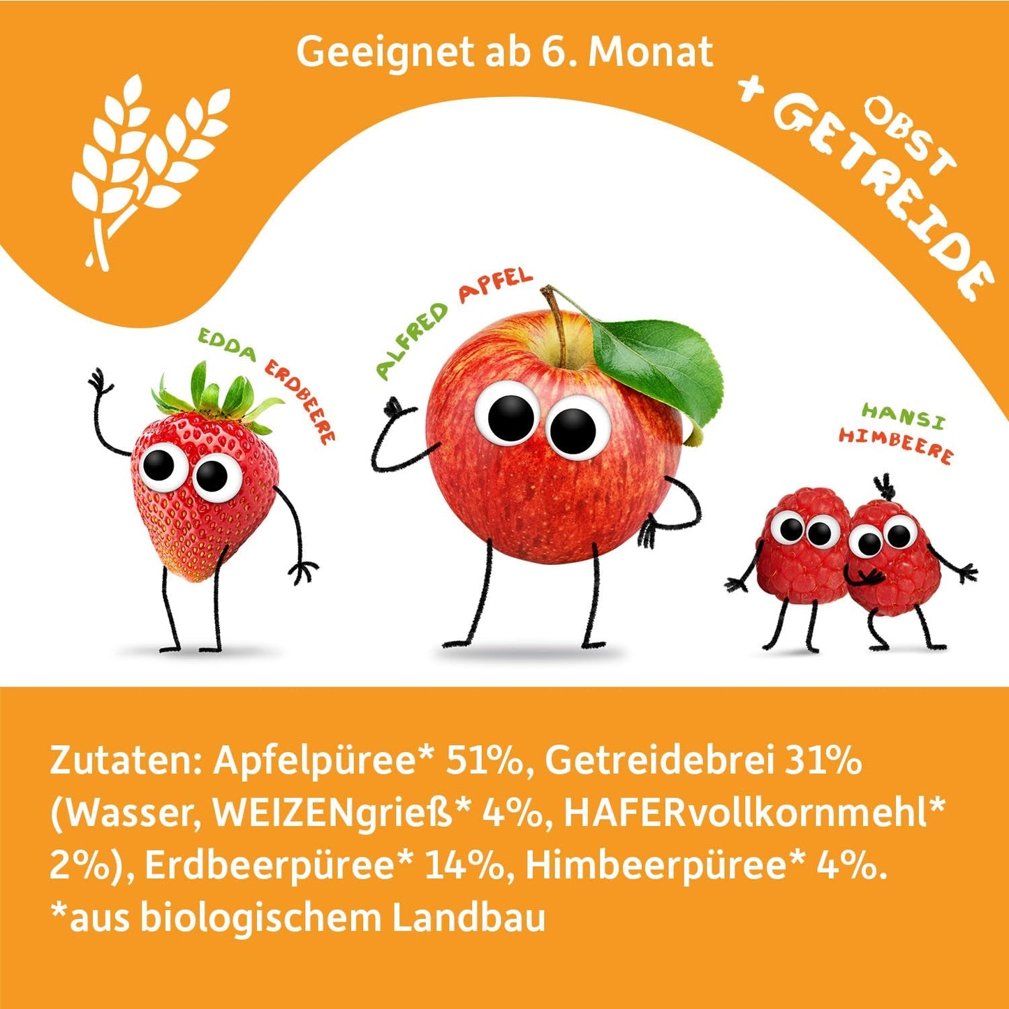 FRECHE FREUNDE Bio Quetschie Apple, Erdbeere, Himbeere mit Grieß, Fruchtmus mit Getreide in Quetschbeutel für Babies vanaf 6 maanden, veganistisch, 6er-pakket (6 x 100 g)