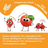 FRECHE FREUNDE Bio Quetschie Apple, Erdbeere, Himbeere mit Grieß, Fruchtmus mit Getreide in Quetschbeutel für Babies vanaf 6 maanden, veganistisch, 6er-pakket (6 x 100 g)