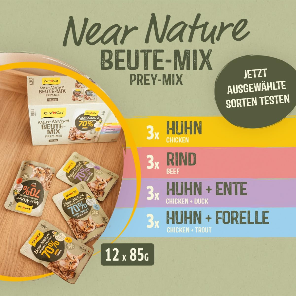 GimCat Near Nature Trial Mix 12 Pack - Natgraanvrij voer voor katten vanaf 7 maanden met een soortgeschikte en prooispecifieke receptuur - 12 zakjes (12 x 85g)