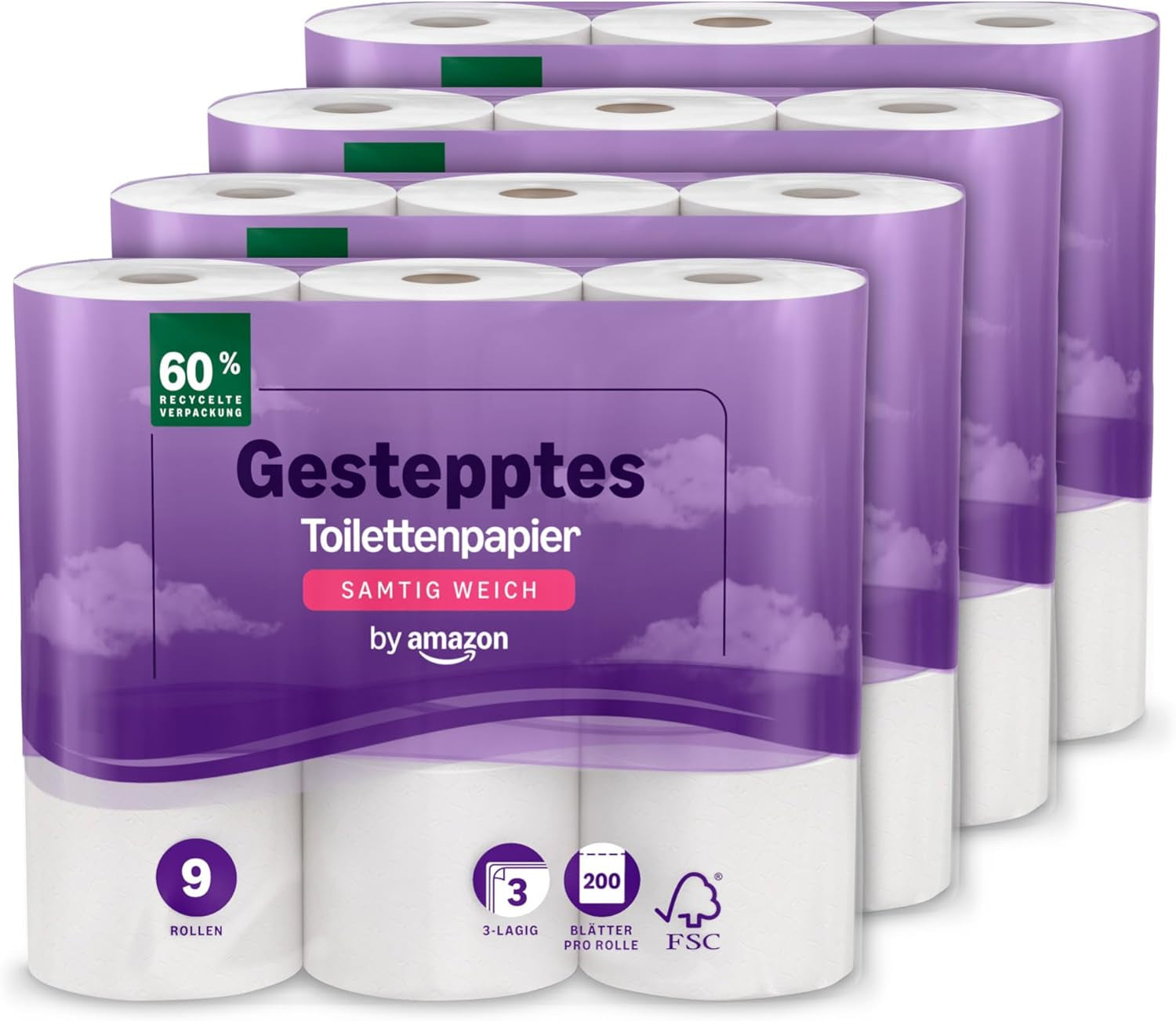 By Amazon toiletpapier, 3-laags gewatteerd, fluweelzacht, 36 rollen (9 rollen, 4 stuks), 200 vellen per rol, FSC-gecertificeerd