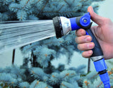 590078 – Spiraalslangenset, blauw, 15 meter (diameter 9 mm) + multifunctioneel pistool met 8 sproeiers + automatisch binnendraad met ¾-½ adapter + 2 snelkoppelingen + ophangbeugel