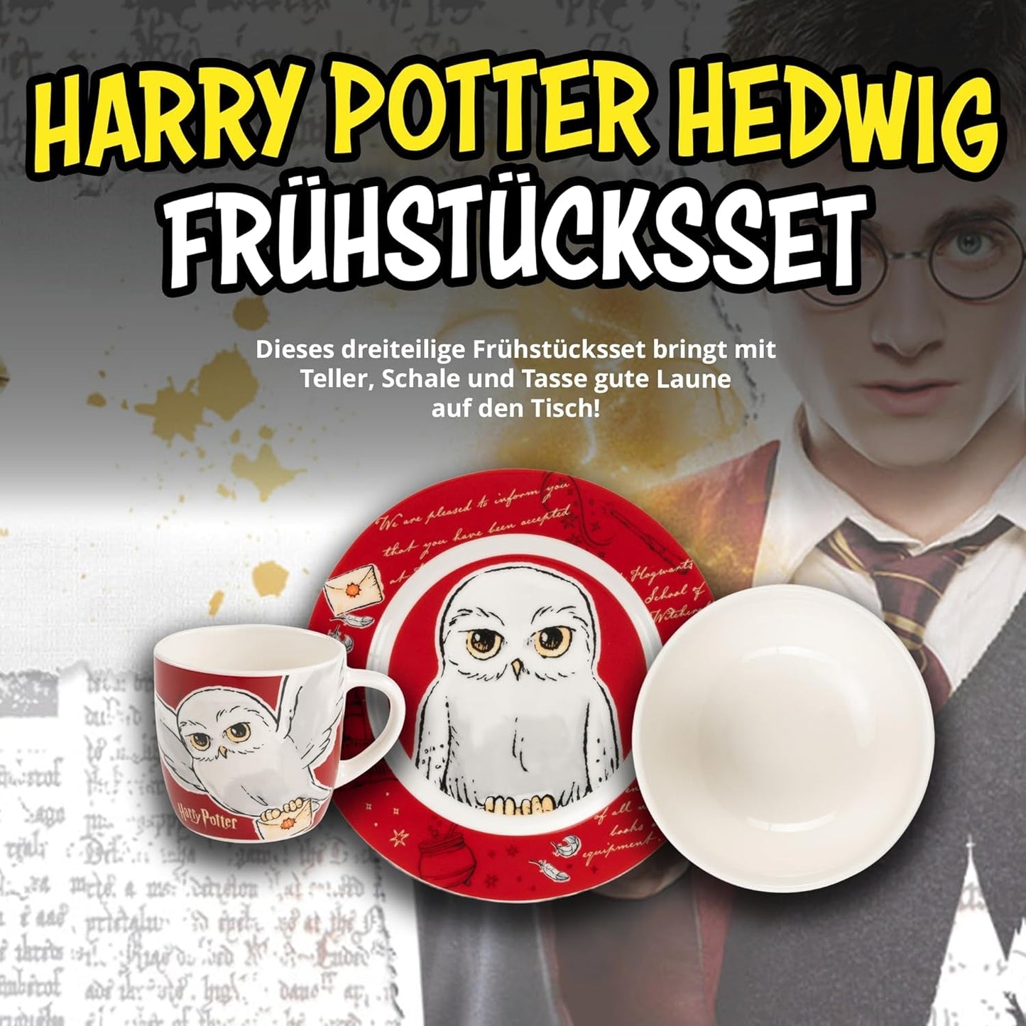 Harry Potter 3-delig servies, rood, porseleinen ontbijtservies met bord Ø 19 cm, mok 220 ml en kom 330 ml, servies