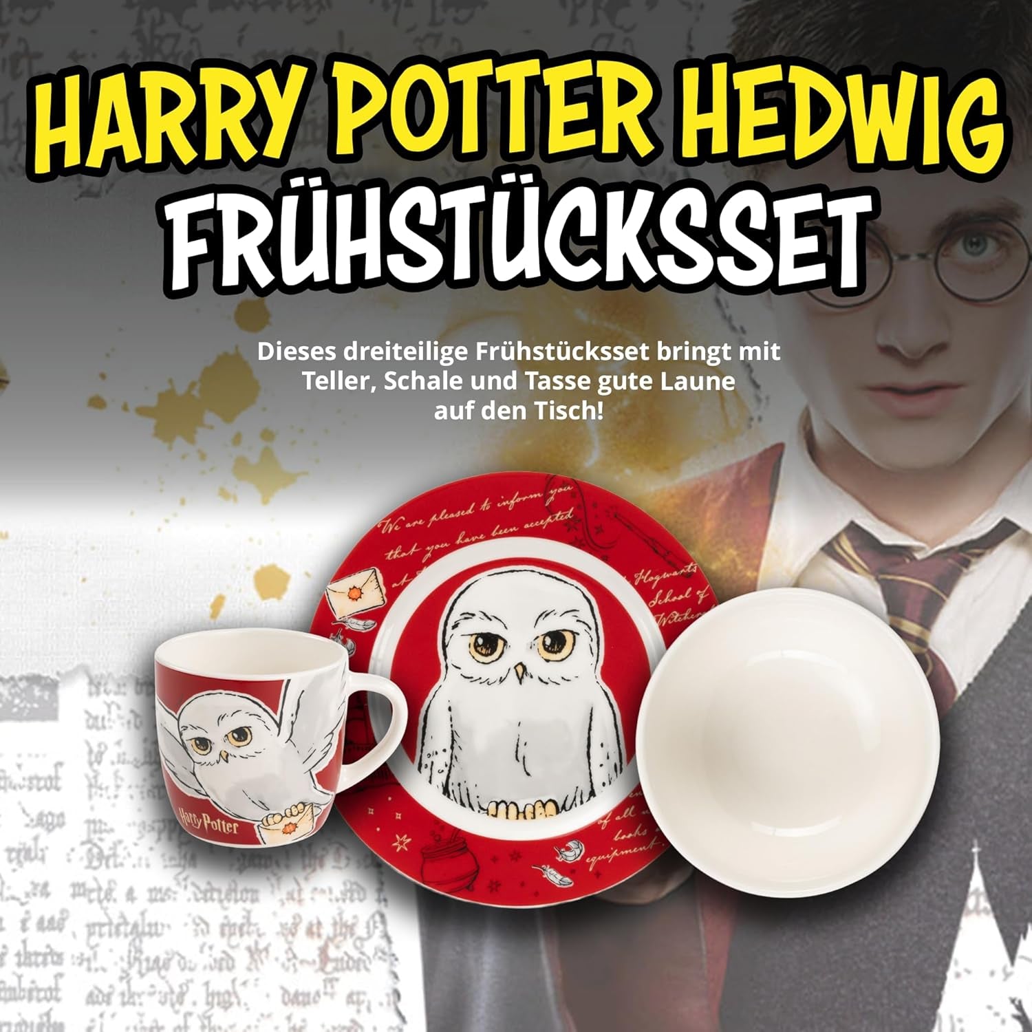 Harry Potter 3-delig servies, rood, porseleinen ontbijtservies met bord Ø 19 cm, mok 220 ml en kom 330 ml, servies