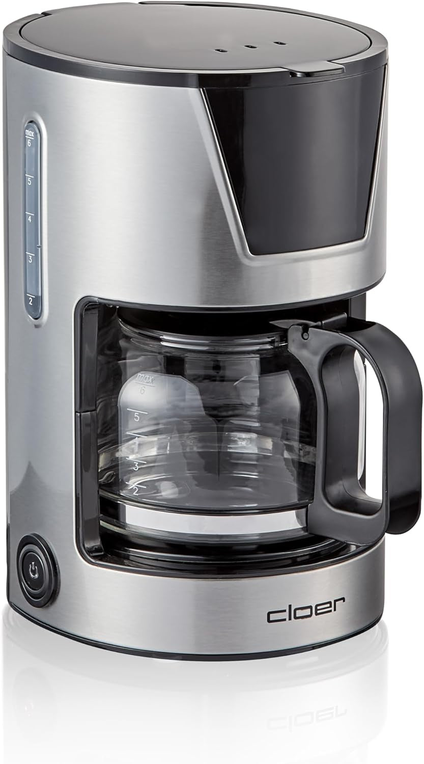 Cloer Filter-espressomachine voor 6 kopjes, zachte warmhoudfunctie, glazen karaf, maatlepel, waterniveau-indicator, antidruppelsysteem, automatische uitschakeling, filtermaat 1x2, 550W, roestvrij staal