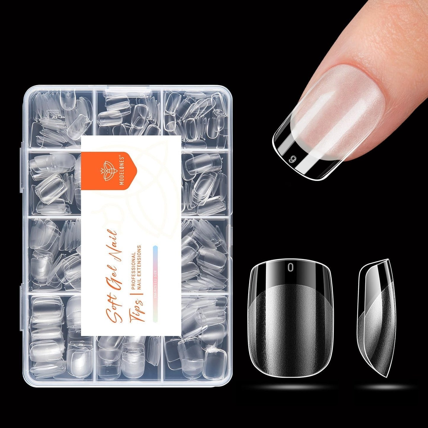 Modelones nageltips 216 stuks - volledige dekking nageltips set, zachte gel tips set, pre-polijsten PMMA hars nageltips, doe-het-zelf lijm op nail art kunstnagels, korte amandelen XS