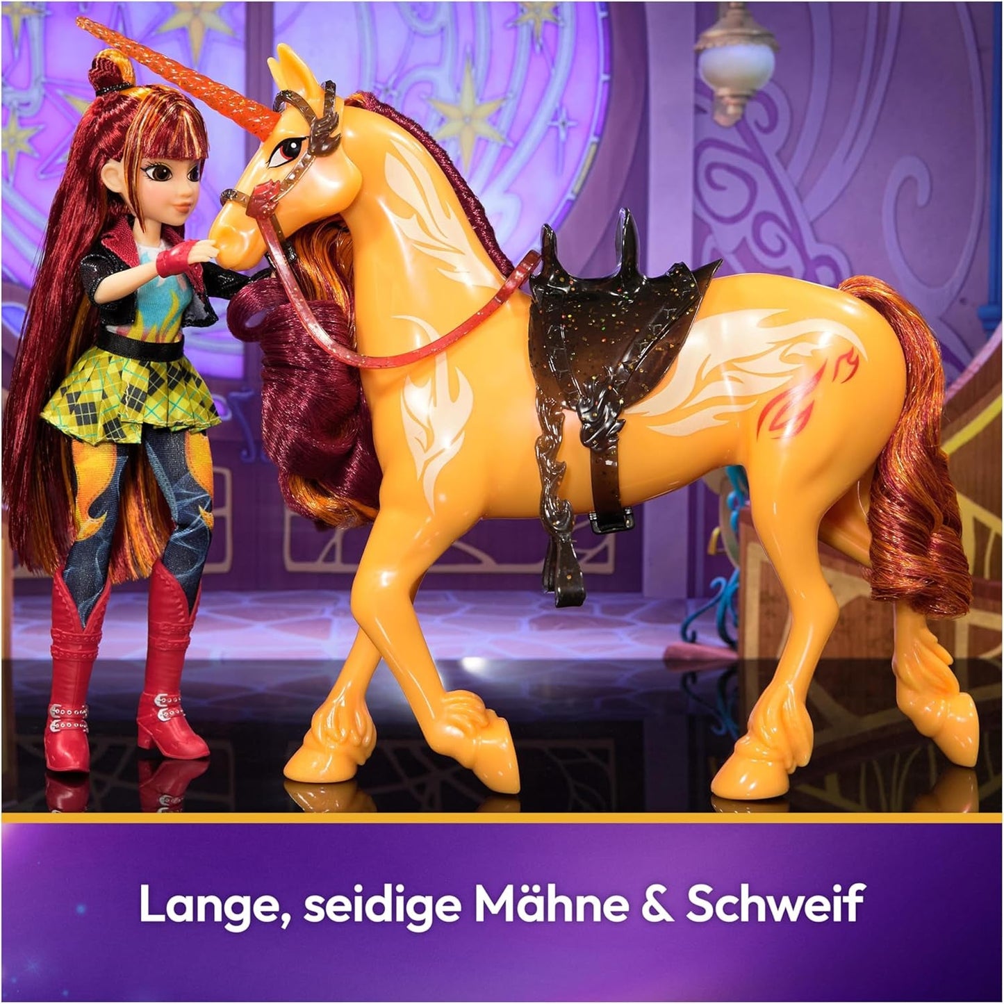 Unicorn Academy Cinder the Unicorn - 28 cm grote, originele Valentina eenhoorn uit de Netflix-serie, met echte manen en staart, afneembaar hoofdstel en zadel en borstel, voor kinderen vanaf 4 jaar