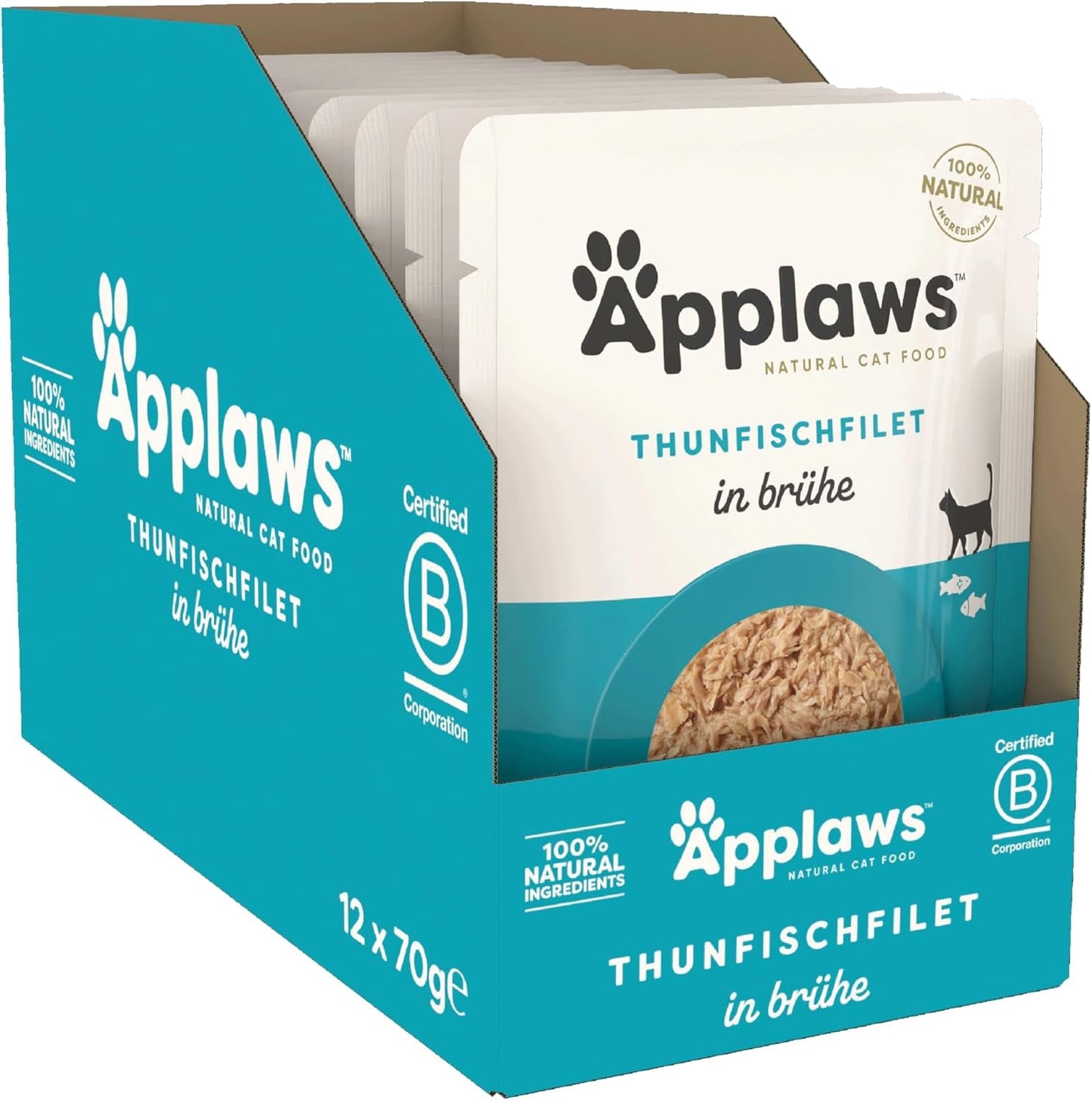 Applaws 100% natuurlijk natvoer voor katten Tonijnfilets in bouillon - Verpakking van 12 zakjes van 70 g