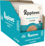 Applaws 100% natuurlijk natvoer voor katten Tonijnfilets in bouillon - Verpakking van 12 zakjes van 70 g