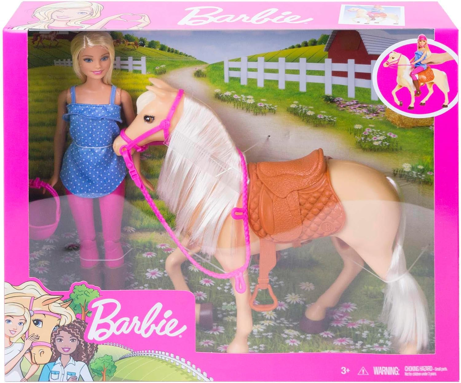 Barbie pop en paardenspeelgoed, rijaccessoires, inclusief 1 pop en 1 paard, geschikt als cadeau voor kinderen vanaf 3 jaar, FXH13