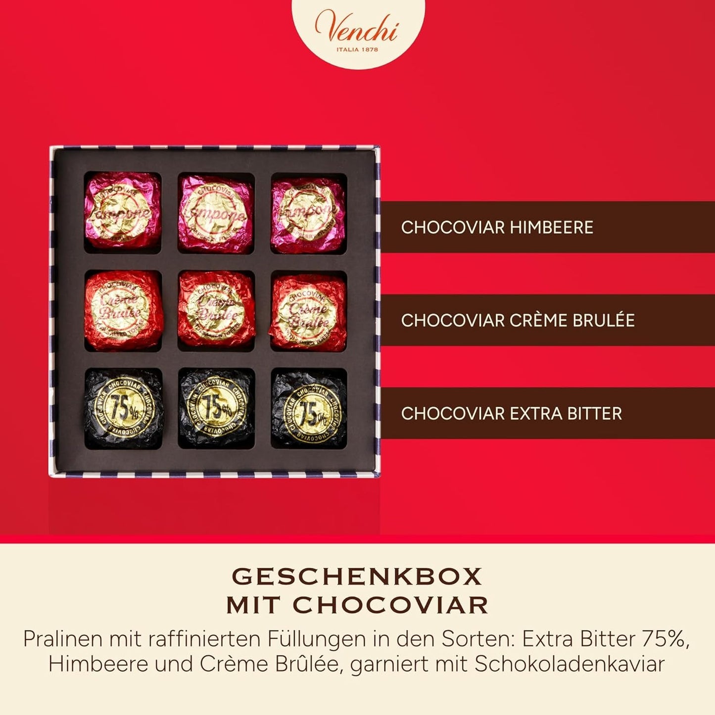 Venchi - Doos met 9 verschillende chocolaatjes, 175 g, glutenvrij, zonder kunstmatige kleurstoffen of bewaarmiddelen, cadeau-idee voor Valentijnsdag