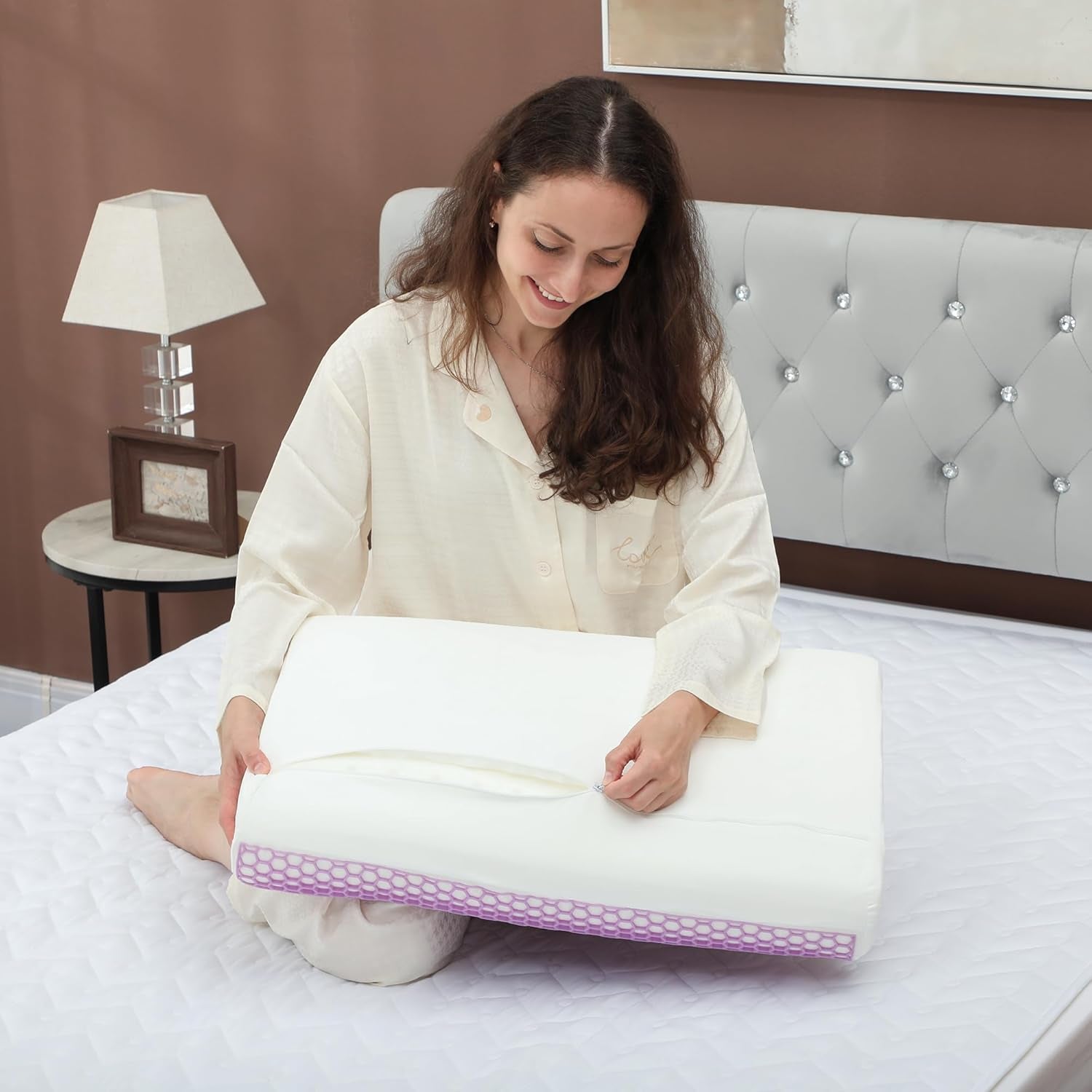 HOMCOM Memory Foam Kussen Neksteunkussen met afneembare hoes 2 Hoogte Ergonomisch 2S Responsief nekkussen voor verschillende slaapposities 60x40cm Crème Wit