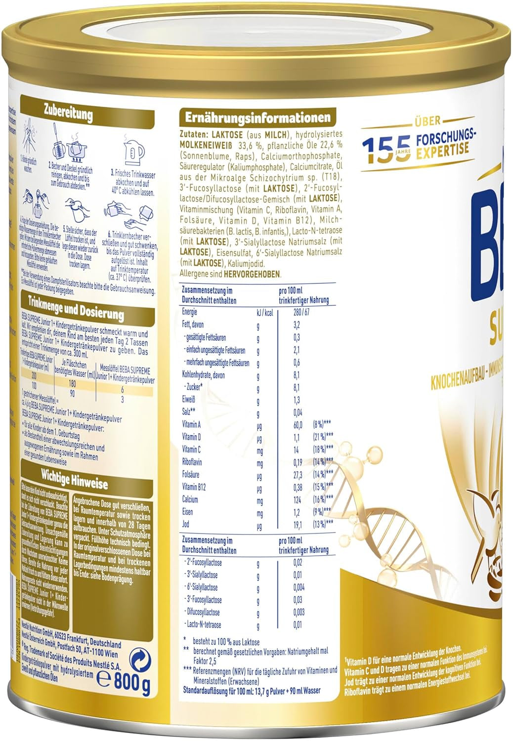 BEBA SUPREME JUNIOR 1 Plus - Drank voor kinderen vanaf 1 jaar, met complex 6 HMO, lactosevrij, palmolievrij, visolievrij, voeding voor kleine kinderen, babymelkpoeder, verpakking van 6 (6 x 800g)