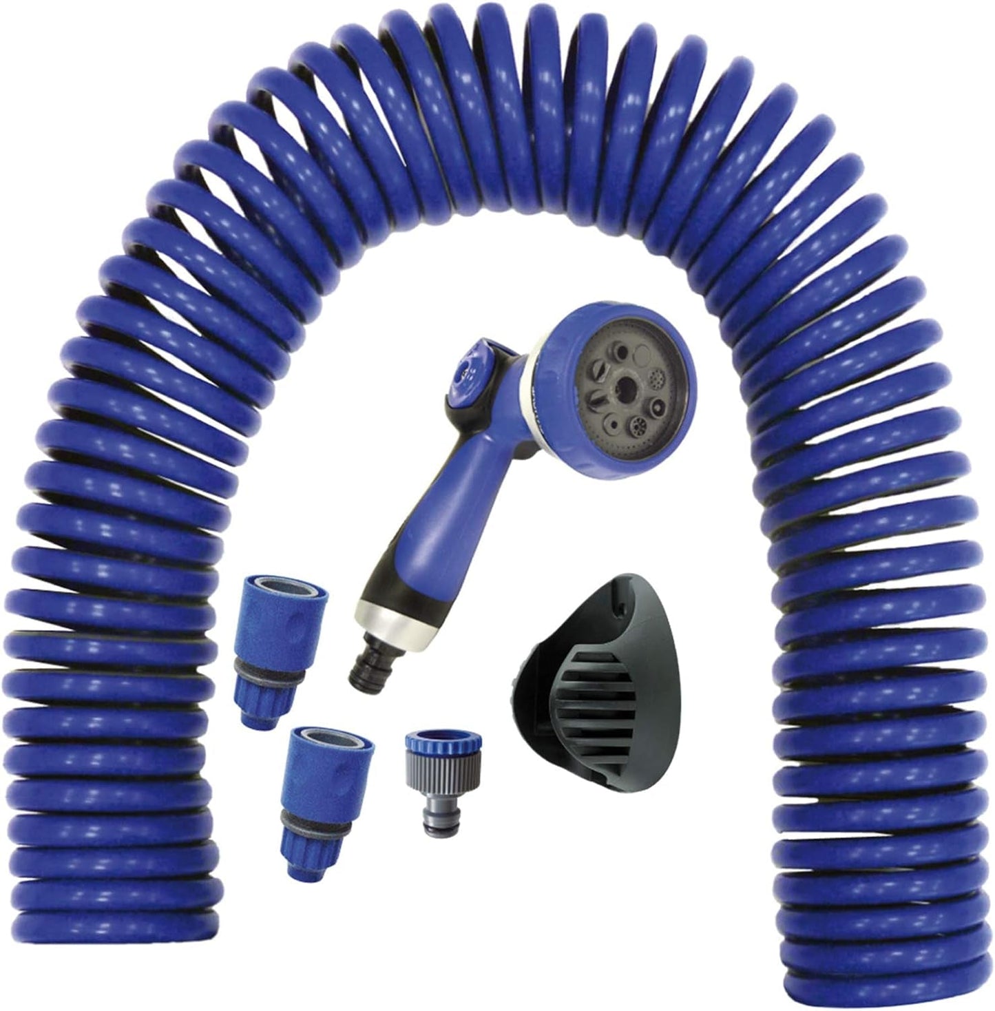 590078 – Spiraalslangenset, blauw, 15 meter (diameter 9 mm) + multifunctioneel pistool met 8 sproeiers + automatisch binnendraad met ¾-½ adapter + 2 snelkoppelingen + ophangbeugel