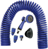 590078 – Spiraalslangenset, blauw, 15 meter (diameter 9 mm) + multifunctioneel pistool met 8 sproeiers + automatisch binnendraad met ¾-½ adapter + 2 snelkoppelingen + ophangbeugel