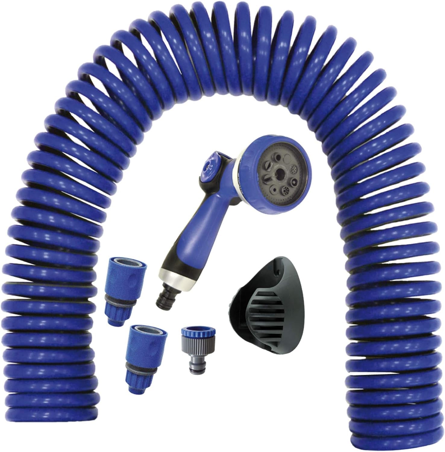 590078 – Spiraalslangenset, blauw, 15 meter (diameter 9 mm) + multifunctioneel pistool met 8 sproeiers + automatisch binnendraad met ¾-½ adapter + 2 snelkoppelingen + ophangbeugel