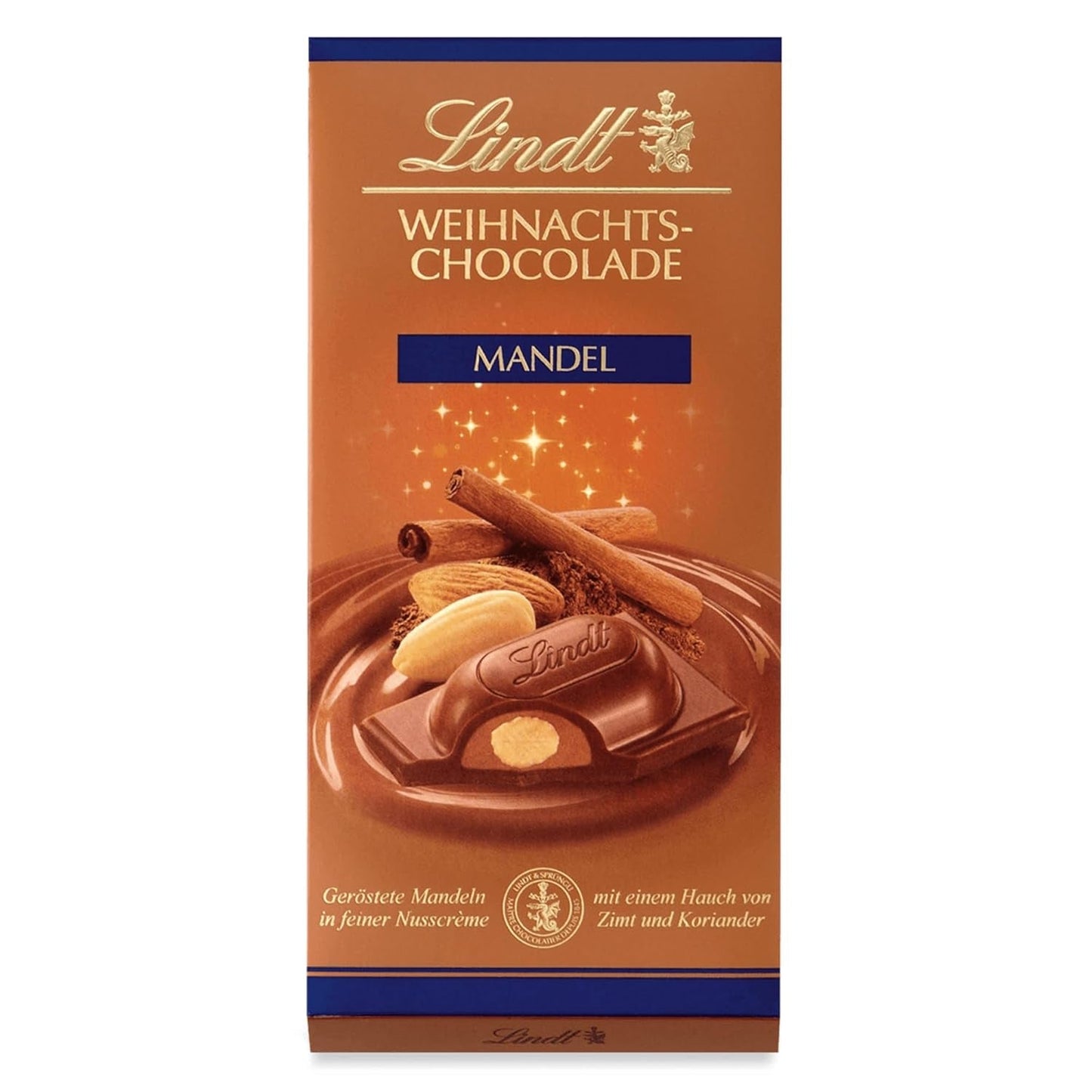 Lindt Kerstamandelchocoladereep | 100 gram | Amandelen in walnotencrème omhuld met de fijnste melkchocolade | Chocolade kerstcadeau