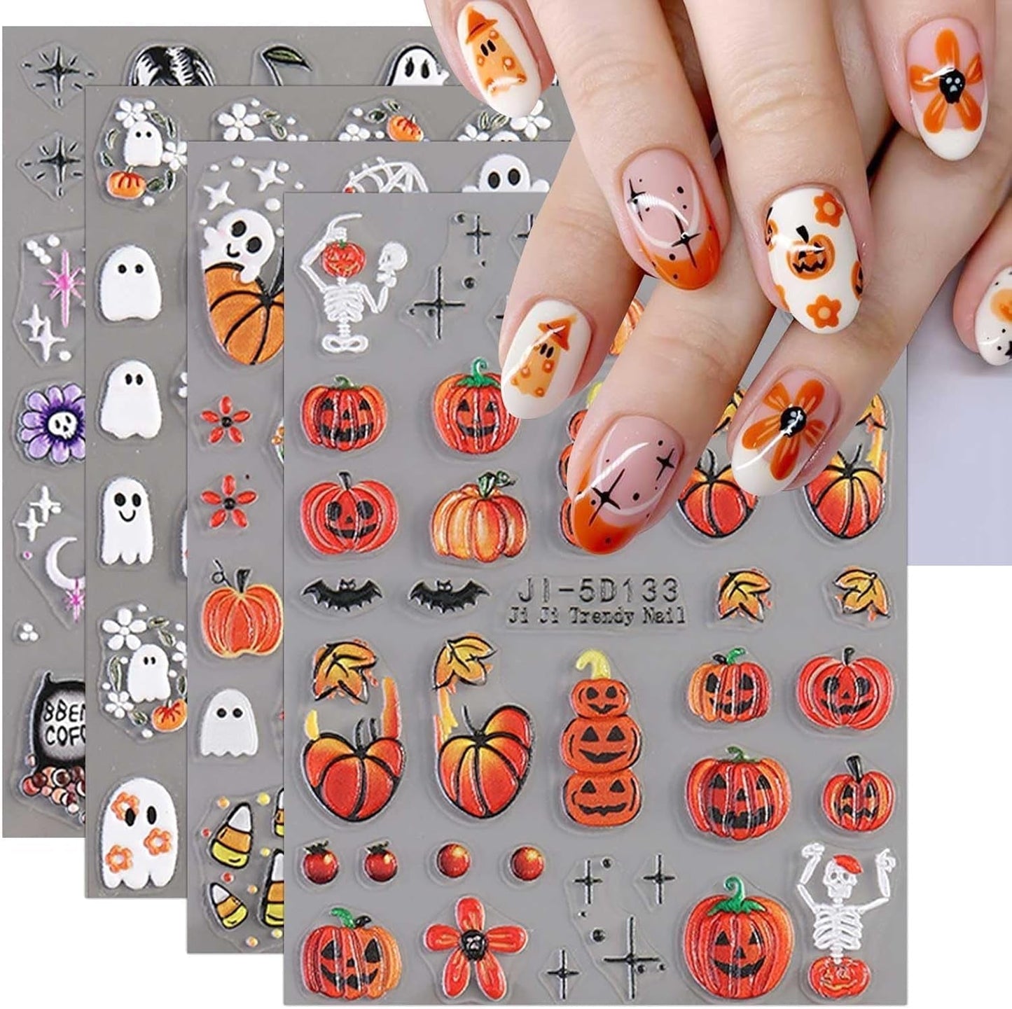 JMEOWIO 3D Nagelsticker Halloween Nail Art Sticker Selbstklebend Nagelaufkleber 5D Stereoskopisch Süßer Geisterkürbis Decoratie Nageldesign Zubehör 4 Blatt