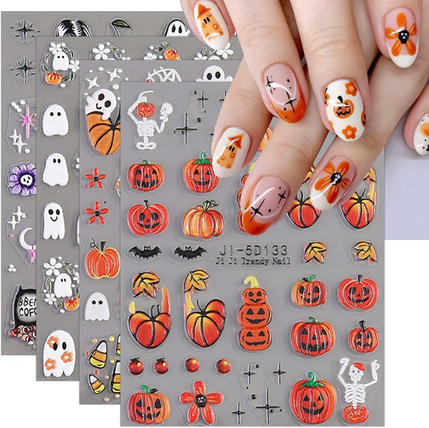 JMEOWIO 3D Nagelsticker Halloween Nail Art Sticker Selbstklebend Nagelaufkleber 5D Stereoskopisch Süßer Geisterkürbis Decoratie Nageldesign Zubehör 4 Blatt