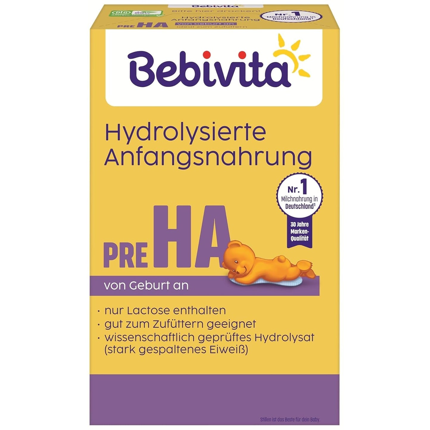 PRE HA (5 x 500 g), gehydrolyseerde melkpoederformule vanaf de geboorte, bevat uitsluitend lactose als koolhydraat, geschikt als bijvoeding