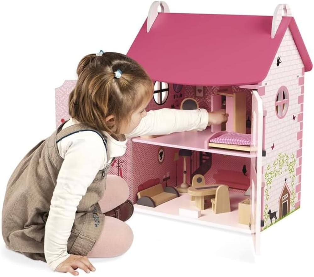 Janod Mademoiselle houten poppenhuis van 3 verdiepingen met 11 accessoires, replica speelgoed, stimuleert de fantasie, vanaf 3 jaar, J06581