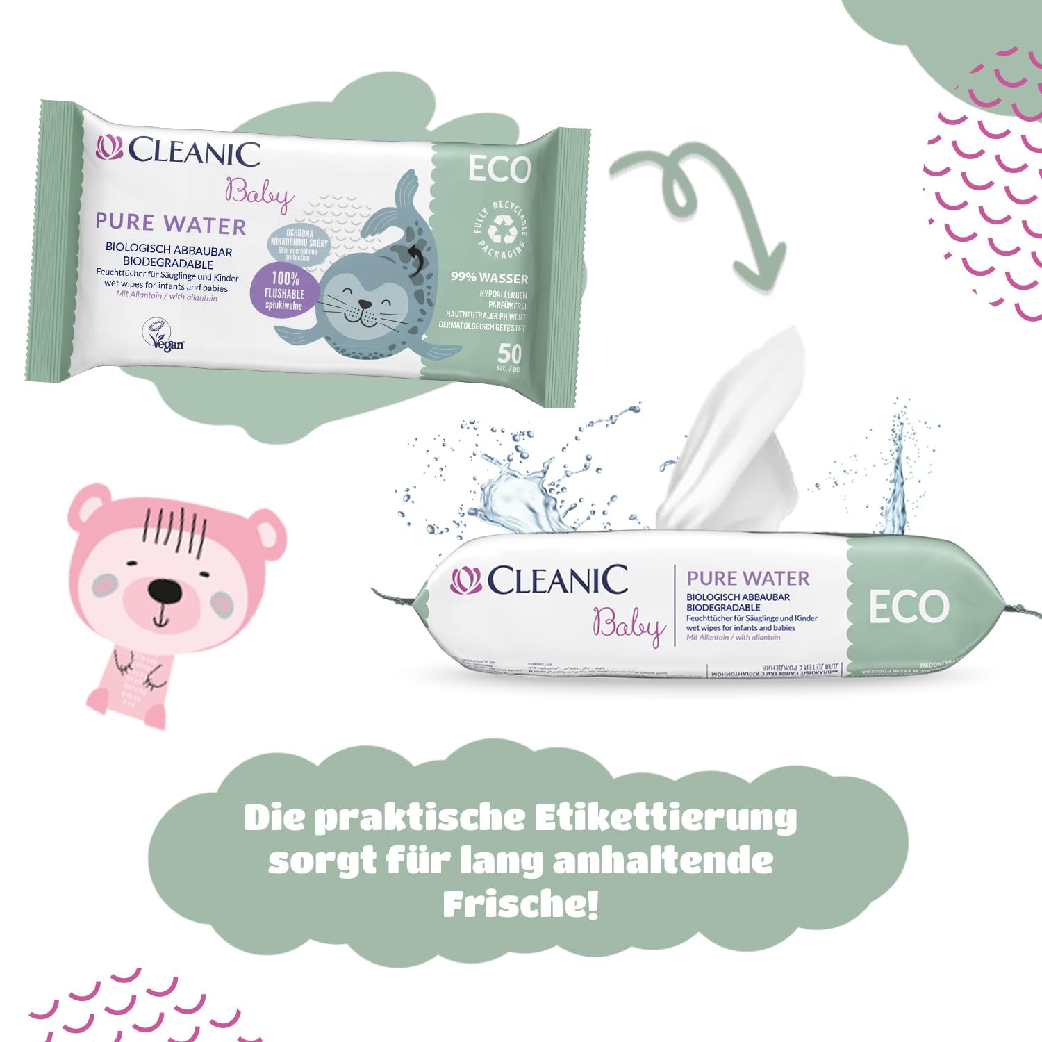 Cleanic Baby Eco Pure Water Vochtige Doekjes – (1 x 50 st.) Vochtige doekjes voor kinderen en zuigelingen – geurvrij, doorspoelbaar, gevoelige huid – 50 st.
