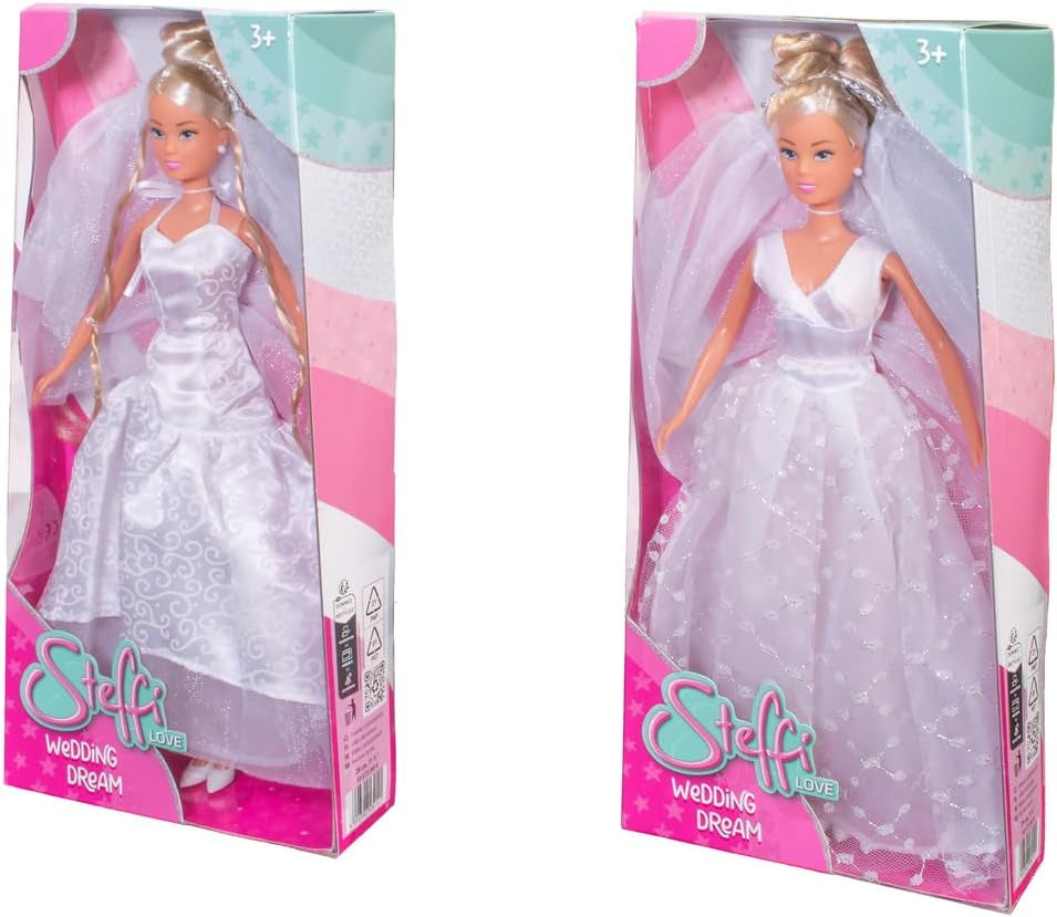 Simba 105733414 - Steffi Love-trouwjurk, geassorteerd in 2 ontwerpen, er wordt slechts één item meegeleverd, pop in een prachtige trouwjurk, 29 cm, vanaf 3 jaar
