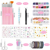 53 Blätter Nagelsticker, Nail Art Pinsel en decoratieset, 15 PCS Pinsel, 5 PCS Dotted Pennen, Strasssteine, Blattgold voor Nagelkunst, Nagel Pailletten, Nagelkunstwerkzeuge en decoratiesets