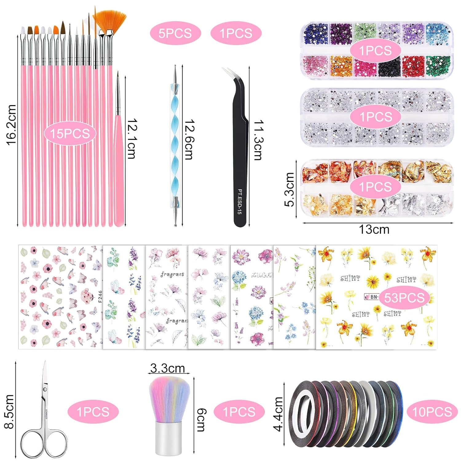 53 Blätter Nagelsticker, Nail Art Pinsel en decoratieset, 15 PCS Pinsel, 5 PCS Dotted Pennen, Strasssteine, Blattgold voor Nagelkunst, Nagel Pailletten, Nagelkunstwerkzeuge en decoratiesets