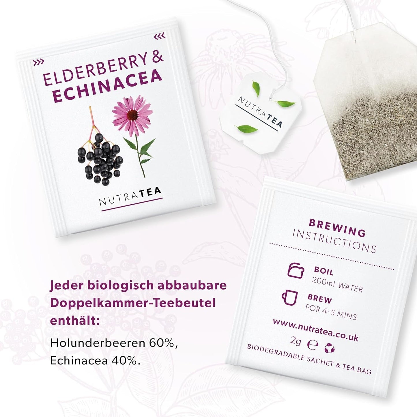 Nutra Tea Vlierbessen & Echinacea, Immuniteit & Verkoudheid Thee, Immuun Ondersteunende Thee, Koude Strijd, 20 Herbruikbare Theezakjes, Natuurlijke Kruidenthee