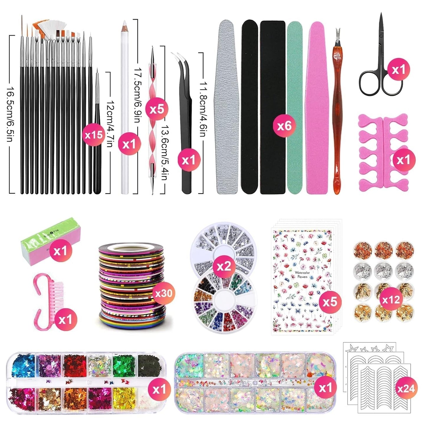 Nail Art Pinsel en decoratieset,Nail Art decoratieset,15 stuks Pinsel,5 Blätter Nagelsticker,5 stuks Dotted Pen,Strasssteine ​​​​Nägel,Ultra Dünn Nagel Pailetten voor Nagelkunst Maniküre