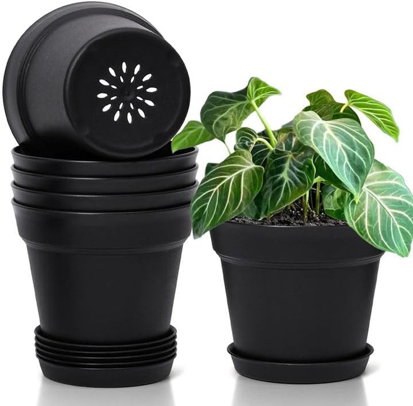 T4U 16 cm plastic bloempot met schotel, set van 6 plastic kruidenpotten met meerdere afvoergaten, ronde pot voor binnen en balkon vetplanten, cactussen, wit