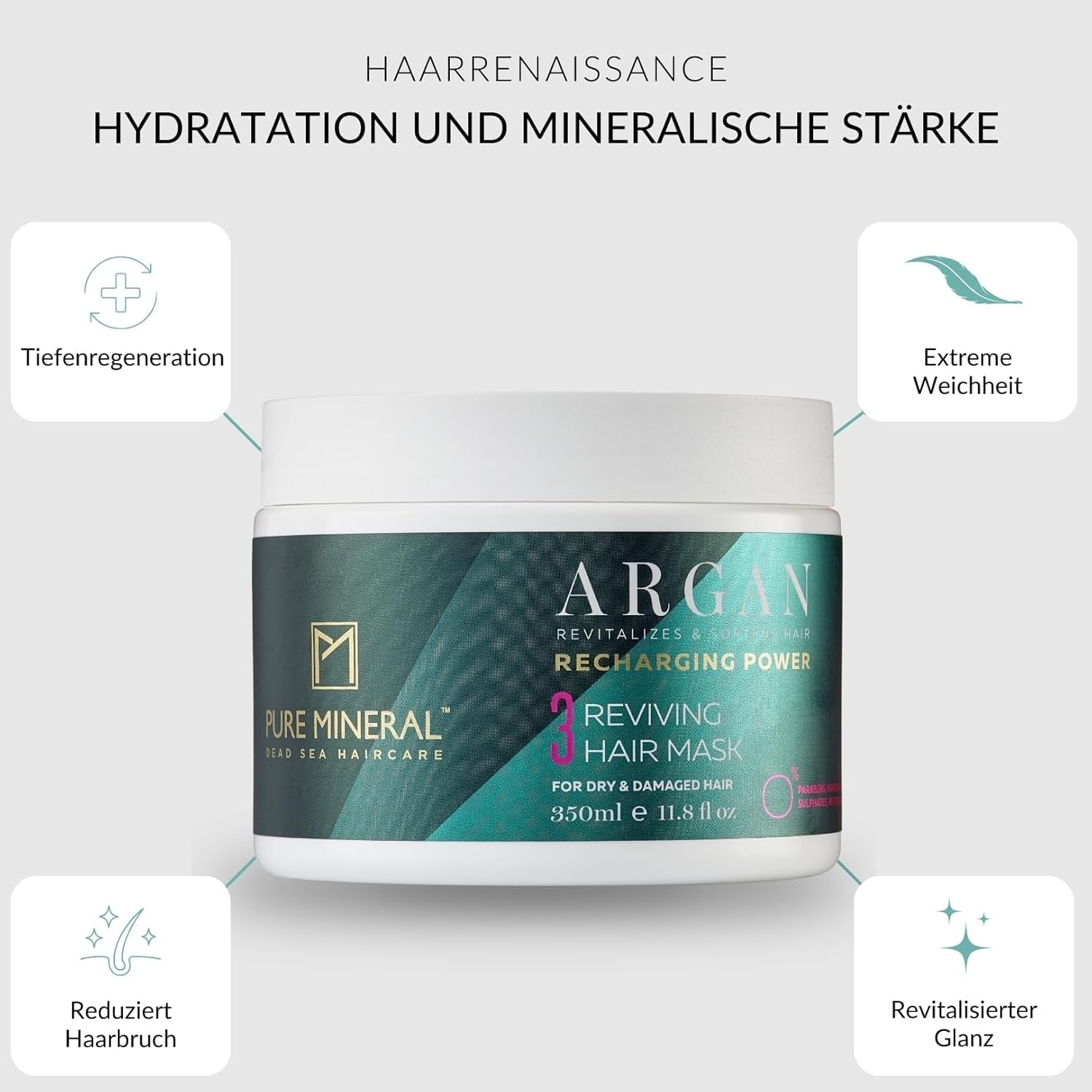 Pure Mineral - Intensief herstellend haarmasker met argan - Herstelt en geeft glans aan droog haar - Voedt met vitamine E - Geen sulfaten, parabenen, petroleum - 350ml Naty Shop haarmasker