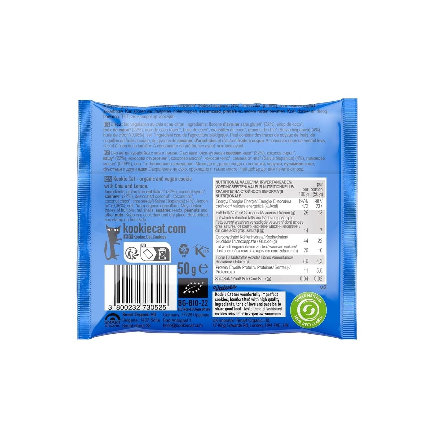 Chia en Citroen - Individueel verpakte veganistische koekjes, glutenvrij, sojavrij, biologisch, cashewnoten en haver - 12 x 50 g multipack