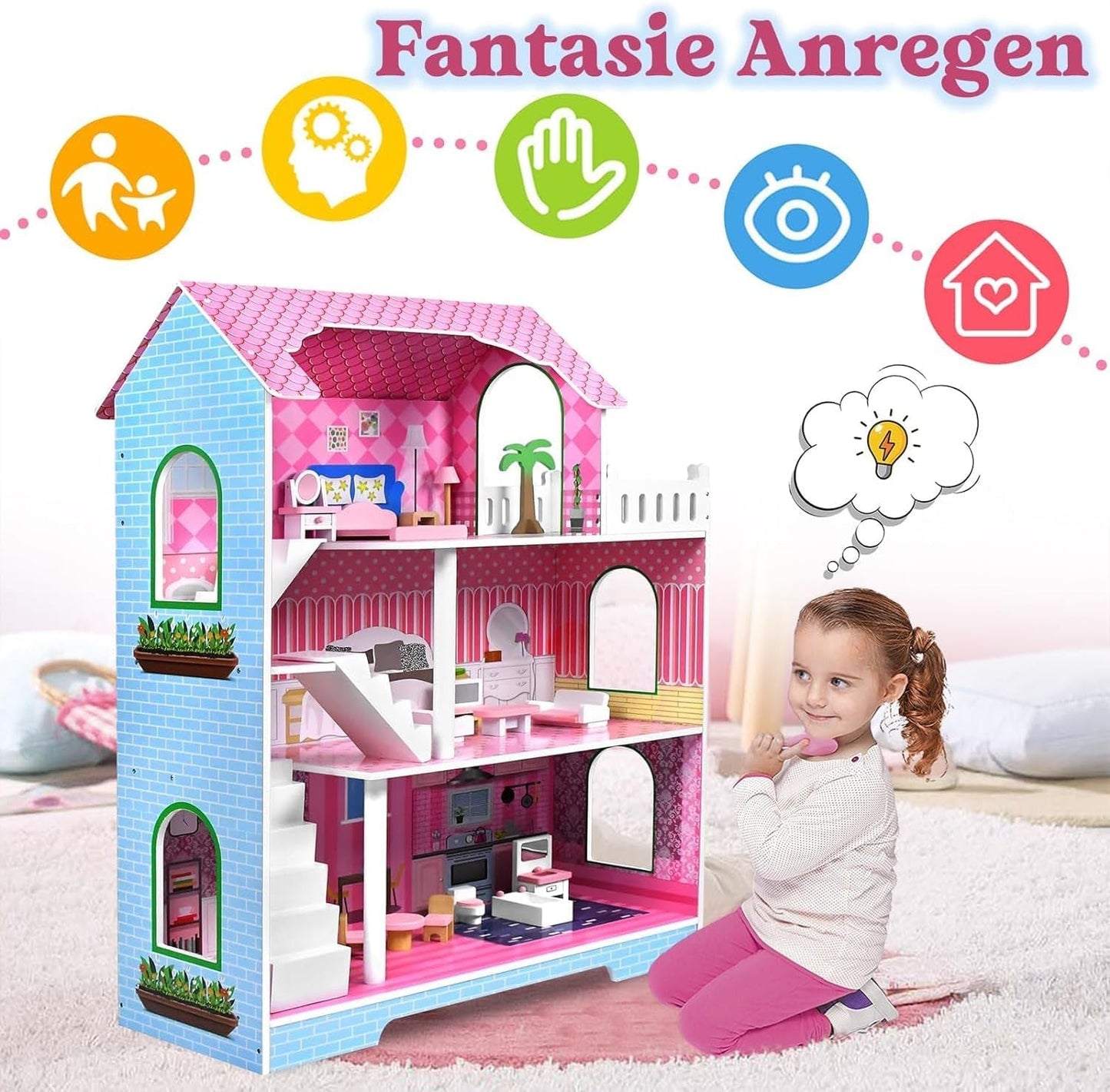 HENGMEI Puppenhaus Kinder Holz Puppenvilla poppenhuisset Mädchen Spielset 3 Etagen Haus mit Möbeln und Zubehör, 70x30x100cm Puppenhäuser für Kinder (Typ B)