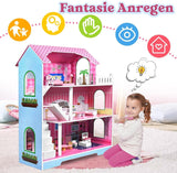 HENGMEI Puppenhaus Kinder Holz Puppenvilla poppenhuisset Mädchen Spielset 3 Etagen Haus mit Möbeln und Zubehör, 70x30x100cm Puppenhäuser für Kinder (Typ B)