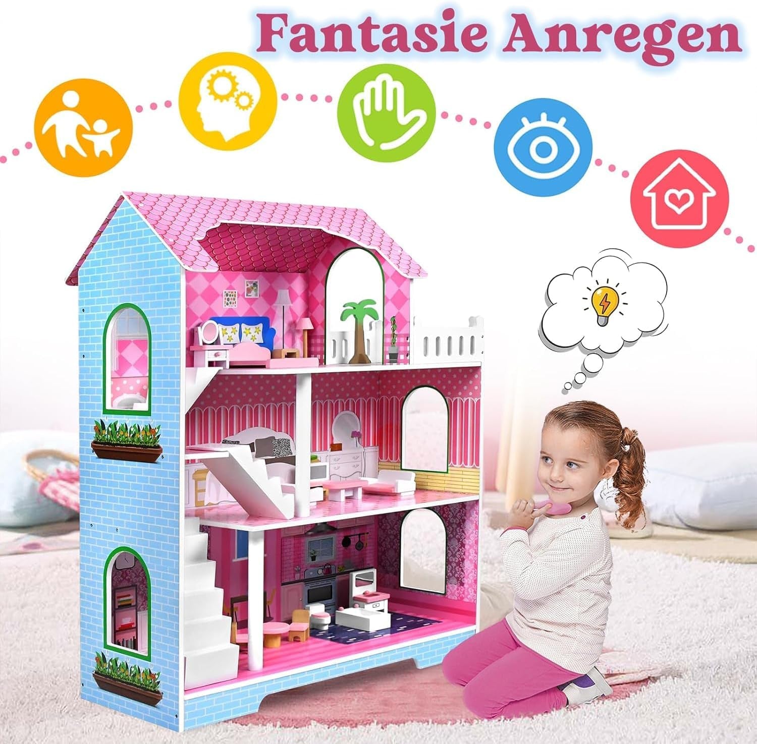 HENGMEI Puppenhaus Kinder Holz Puppenvilla poppenhuisset Mädchen Spielset 3 Etagen Haus mit Möbeln und Zubehör, 70x30x100cm Puppenhäuser für Kinder (Typ B)