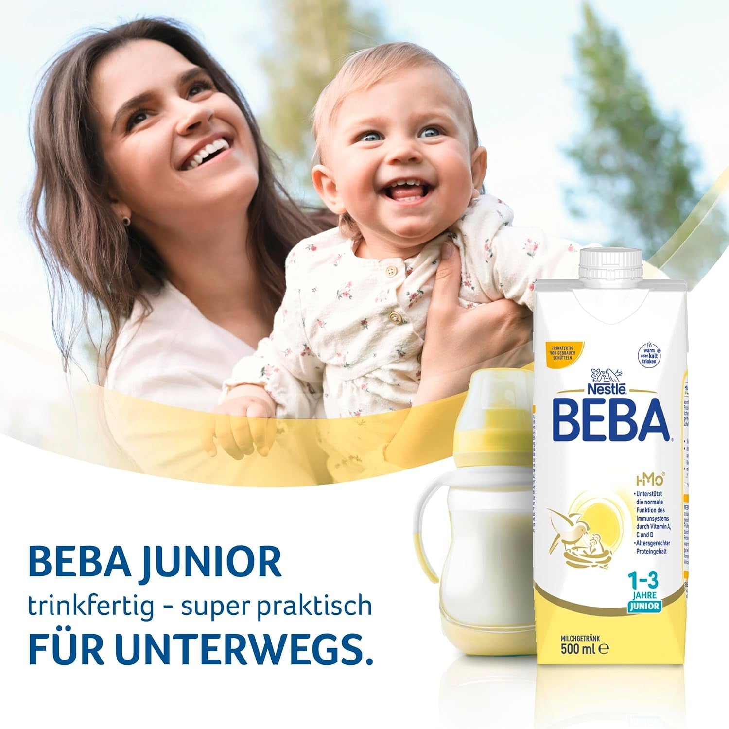 BEBA Junior kant-en-klare melkdrank 1-3 jaar, met HMO, bij de leeftijd passend eiwitgehalte, palmolievrij, visolievrij, peutervoeding, 12 stuks (12 x 500 ml)