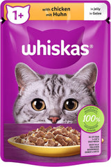 Whiskas 1+ natvoer voor katten met kip in gelei, 28x85g (1 pakje) - Hoogwaardig natvoer voor volwassen katten in 28 zakjes